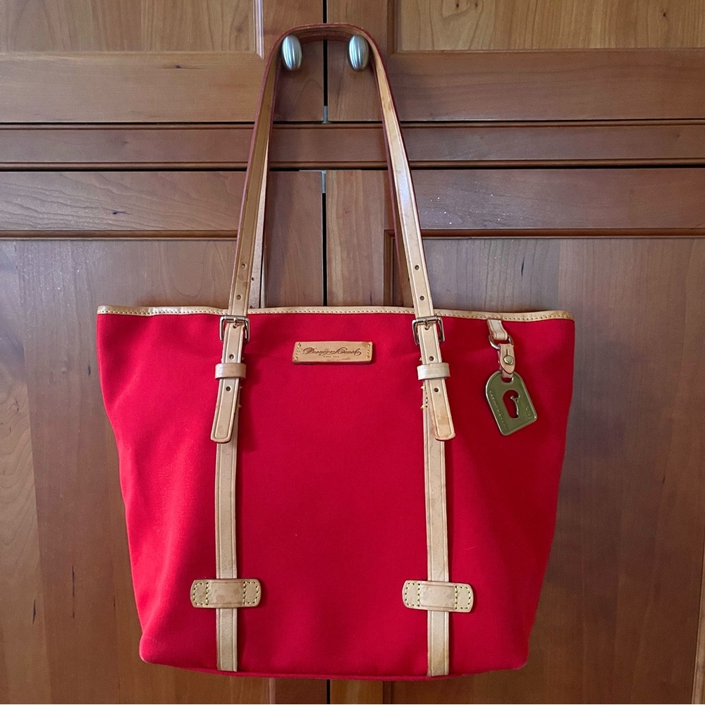 Dooney & Bourke Red Canvas & Tanned Leather Trimmed Tote/Shoulder Bag